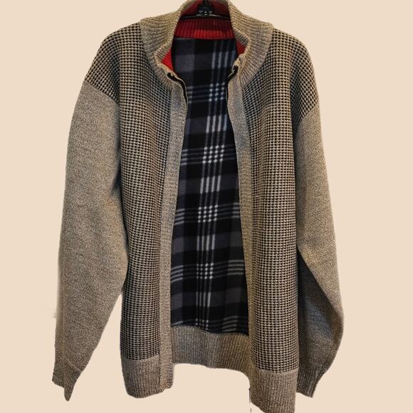 West Louis Full Zip Fleece Lined Mock Neck Sweater Herringbone Mens M - Picture 1 of 8